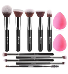 Make up Brushes 12Pcs Makeup Kit, Premium Synthetic Kabuki Foundation Face Powder Concealers Eyeshadow Blush Brushes Make up Brushes Set, with 2pcs Blender Sponges (Black/Silver)