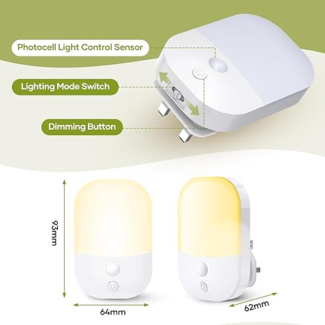 Night Light Plug in Wall with Dusk to Dawn Photocell Sensor, 5 Brightness Levels, ON/Off/AUTO Lighting Mode, 3000K Warm White Night Light for Hallways, Stairs, Bedrooms, Kitchen, 0.3W, 1 Pack