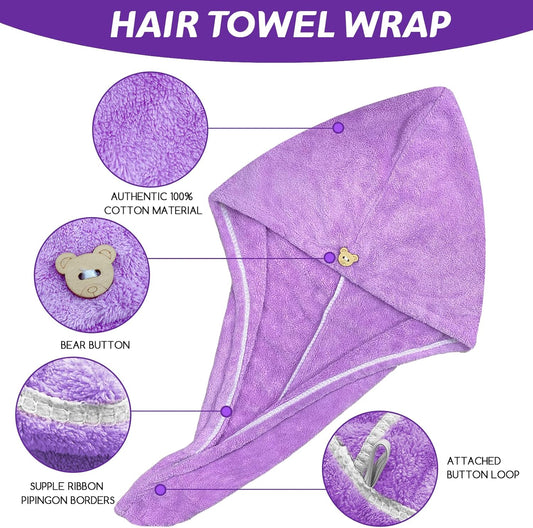3 Pack Microfibre Hair Towel Wrap with Button for Women and Girls - Super Quick Absorbent and Anti-Frizz Fast Dry Hair Caps Twist Turban