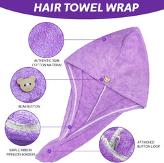 3 Pack Microfibre Hair Towel Wrap with Button for Women and Girls - Super Quick Absorbent and Anti-Frizz Fast Dry Hair Caps Twist Turban