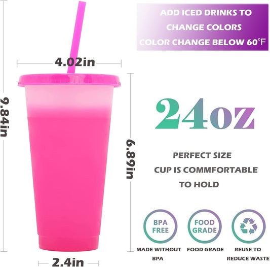 10 Pcs Reusable Plastic Tumblers with Lids & Straws - 24oz Cute Colour Changing Cups, Bulk Iced Coffee Cup Party Tumbler Set Travel Cups for Kids Adults Party Smoothie Cup Travel Mugs Bottle Drinkware