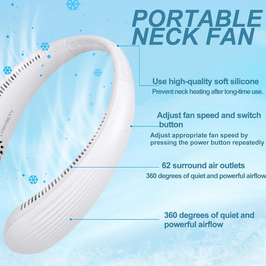 Portable Rechargeable Hanging Neck Fan, Bladeless Hands Free Fan with 3 Speeds, 3000 mAh Battery Operated Wearable Personal Fan for Men Women Kids Home Office Travel Outdoor (White 3000mAh)