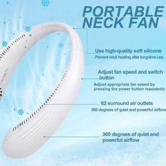 Portable Rechargeable Hanging Neck Fan, Bladeless Hands Free Fan with 3 Speeds, 3000 mAh Battery Operated Wearable Personal Fan for Men Women Kids Home Office Travel Outdoor (White 3000mAh)