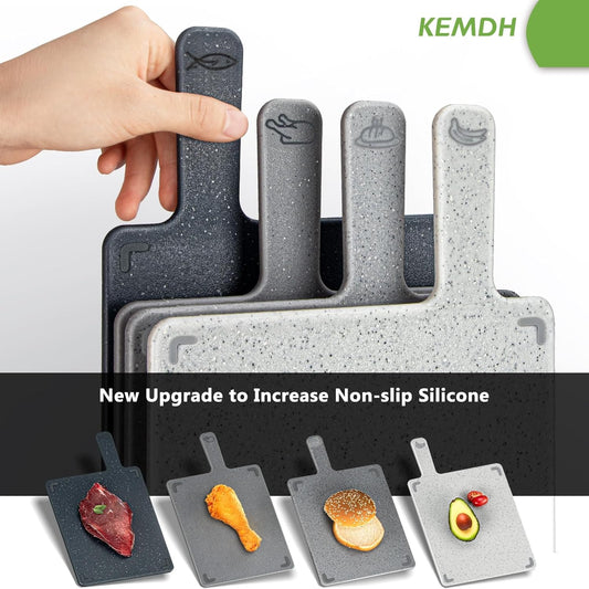 4-Piece Chopping Boards Set with Stand, Plastic Cutting Boards for Kitchen with Non-Slip Feet, BPA Free, Small Boards for Meat, Fish, Vegetables & More, Kitchen Accessories (Grey)