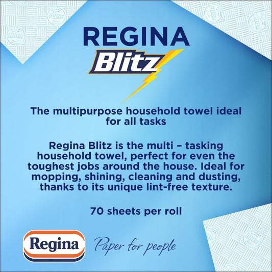Regina Blitz Household Towels – 2/6/12 Rolls Per Pack, 3-ply Kitchen Roll, 70 Sheets Per Roll, Paper Packaging, FSC Certified Paper, Recyclable Packaginag, 60% Larger Than Standard Kitchen Roll Sheets