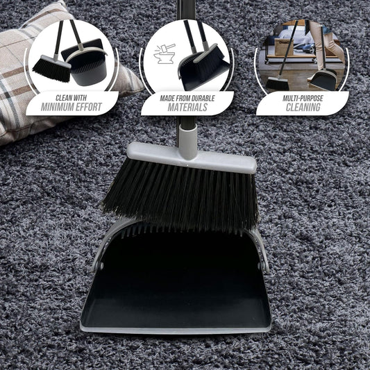 Black & Grey Long Handled Dustpan and Brush Set for Tall Lobby Cleaning - Reduce Bending Broom and Dustpan Set