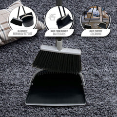 Black & Grey Long Handled Dustpan and Brush Set for Tall Lobby Cleaning - Reduce Bending Broom and Dustpan Set