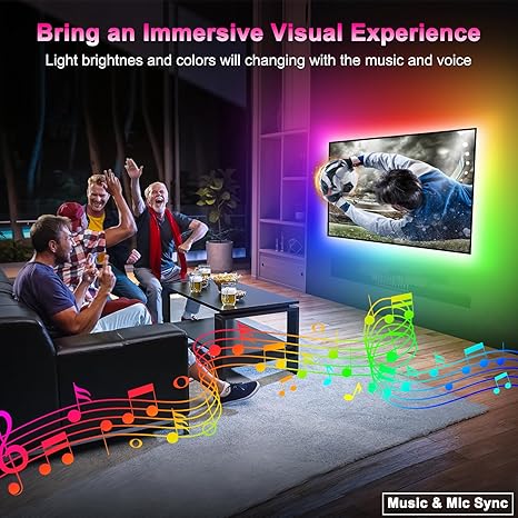 Daymeet LED Backlights, 9.8FT RGB Music Sync Lights for 32-60 Inch TV Behind, Rainbow Color With Remote APP Control USB Strip Lights for Room Xmas Decor