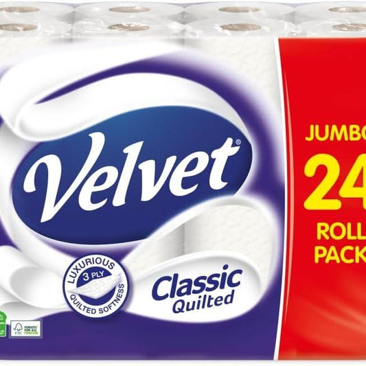 Velvet Classic Quilted Toilet Tissue 24 Rolls - 3-Ply White Bulk Pack - Wipes