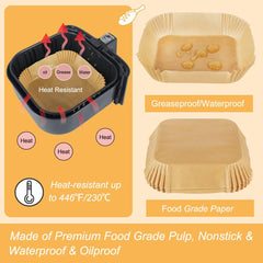 Air Fryer Parchment Paper Liner, 50PCS Square Air Fryer Liners Disposable, Greaseproof Paper, Compatible with COSORI, Ninja, Tefal, Russell Hobbs Fryers (Unbleached)