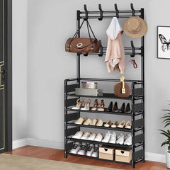 New Black Metal Shoe Rack with 8 Hooks and 5 Tiers Shelf Hanger for Coat and Hat, 80cm Height