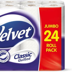 Velvet Classic Quilted Toilet Tissue 24 Rolls - 3-Ply White Bulk Pack - Wipes
