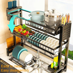 Space Saving Over The Sink Dish Drying Rack 2 Tier Adjustable Dish Drainer Large