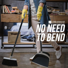 Black & Grey Long Handled Dustpan and Brush Set for Tall Lobby Cleaning - Reduce Bending Broom and Dustpan Set
