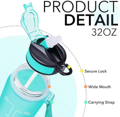 Sports Water Bottle 1 L,Motivational Water Bottle with Time Marker and Straw,30oz Leakproof Design Water Bottle Sports,Hiking,Gym,Fitness,Outdoor,Cycling,School & Office，Gradient Blue Powder