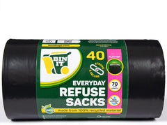 40 Everyday 70L Strong & Secure, Refuse Sacks, Bin Bags, Bin Liners, Flat Top, Recycled, Tear Resistant, 30 μm, Perfect for Everyday Use, Household, Office, Kitchen & Caterers