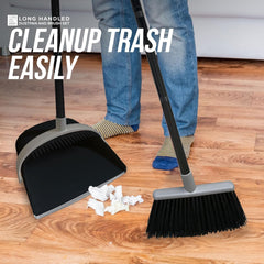 Black & Grey Long Handled Dustpan and Brush Set for Tall Lobby Cleaning - Reduce Bending Broom and Dustpan Set