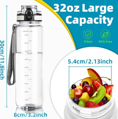 1L/32oz Sports Water Bottle, 1000ml Motivational Drinks Bottle with Time Markings Leak Proof Drink & Lock Cover & No Straw, BPA Free for Adults Women Men Gym School Cycling Running Hiking