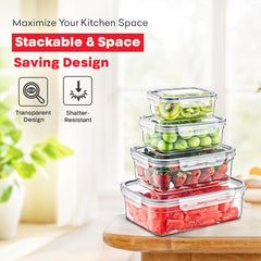 4 Piece Set Rectangular Plastic Food Storage Containers with Locking Lids, Airtight, BPA Free, Leakproof Dish-Washer Safe, Food Grade Material - Stackable Space Saving Design for Kitchen Utensils