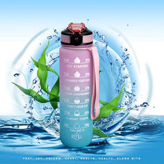 Sports Water Bottle 1 L,Motivational Water Bottle with Time Marker and Straw,30oz Leakproof Design Water Bottle Sports,Hiking,Gym,Fitness,Outdoor,Cycling,School & Office，Gradient Blue Powder