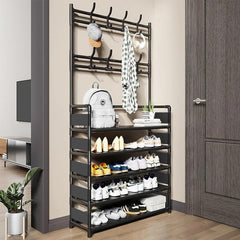 New Black Metal Shoe Rack with 8 Hooks and 5 Tiers Shelf Hanger for Coat and Hat, 80cm Height
