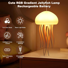 Jellyfish Lamp, Voice Control Jellyfish Lamp with Dancing Legs, RGB Gradient Jellyfish Bedside Lamp, Rechargeable Jellyfish Table Lamp with Touch Sensor, Christmas Gifts (Hanging + Base) [Energy Class A]