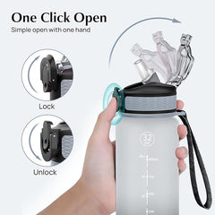 Water Bottle, 1L Sports Water Bottle with Straw, Time Markings, Leak Proof, Tritan BPA free for School, Cycling, Running (1 Bottle)