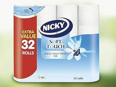 Nicky Soft Touch Toilet Tissue Extra Value Pack - 32 Rolls of 2-Ply White Paper with Modern Embossing & 190 Sheets per Roll - Wipes