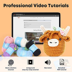 Complete Crochet Kit for Beginners - Highland Cow Style, Soft Yarn, Video Tutorial, Instructions Included