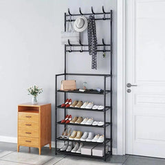 Coat and Hat Stand 8 Hooks Metal Storage Shoe Rack 5 Tiers Shelf Hanger Black
