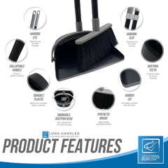 Black & Grey Long Handled Dustpan and Brush Set for Tall Lobby Cleaning - Reduce Bending Broom and Dustpan Set