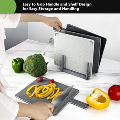 4-Piece Chopping Boards Set with Stand, Plastic Cutting Boards for Kitchen with Non-Slip Feet, BPA Free, Small Boards for Meat, Fish, Vegetables & More, Kitchen Accessories (Grey)