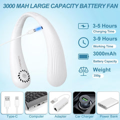 Portable Rechargeable Hanging Neck Fan, Bladeless Hands Free Fan with 3 Speeds, 3000 mAh Battery Operated Wearable Personal Fan for Men Women Kids Home Office Travel Outdoor (White 3000mAh)