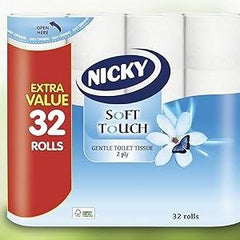 Nicky Soft Touch Toilet Tissue Extra Value Pack - 32 Rolls of 2-Ply White Paper with Modern Embossing & 190 Sheets per Roll - Wipes