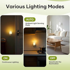 Night Light Plug in Wall with Dusk to Dawn Photocell Sensor, 5 Brightness Levels, ON/Off/AUTO Lighting Mode, 3000K Warm White Night Light for Hallways, Stairs, Bedrooms, Kitchen, 0.3W, 1 Pack