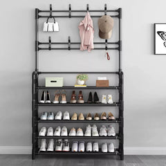 New Black Metal Shoe Rack with 8 Hooks and 5 Tiers Shelf Hanger for Coat and Hat, 80cm Height