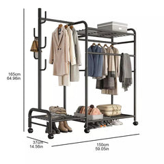 Coat and Hat Stand 8 Hooks Metal Storage Shoe Rack 5 Tiers Shelf Hanger Black