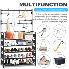New Black Metal Shoe Rack with 8 Hooks and 5 Tiers Shelf Hanger for Coat and Hat, 80cm Height