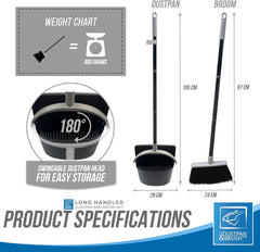 Black & Grey Long Handled Dustpan and Brush Set for Tall Lobby Cleaning - Reduce Bending Broom and Dustpan Set