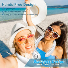 Portable Rechargeable Hanging Neck Fan, Bladeless Hands Free Fan with 3 Speeds, 3000 mAh Battery Operated Wearable Personal Fan for Men Women Kids Home Office Travel Outdoor (White 3000mAh)