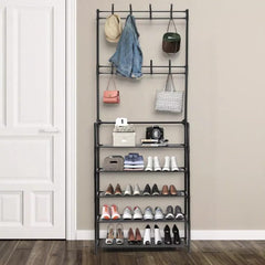 Coat and Hat Stand 8 Hooks Metal Storage Shoe Rack 5 Tiers Shelf Hanger Black