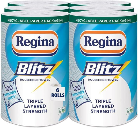Regina Blitz Household Towels – 2/6/12 Rolls Per Pack, 3-ply Kitchen Roll, 70 Sheets Per Roll, Paper Packaging, FSC Certified Paper, Recyclable Packaginag, 60% Larger Than Standard Kitchen Roll Sheets