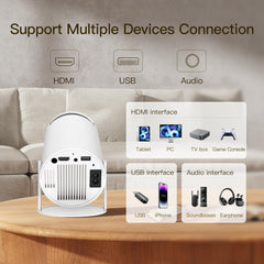 [Built-in Apps] Mini Projector with WIFI 6 and Bluetooth, 4K 1080P Support Portable Projector 180° Rotatable 130'' Screen Movie Projector Auto Keystone Compatible for Laptop, PC, Smartphone