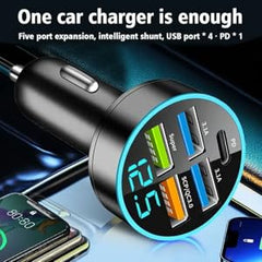 Multi Port USB Car Charger - 5 Outputs - Super Fast Charger for iPhone, Samsung & Google Pixel Phones - Device, Charging