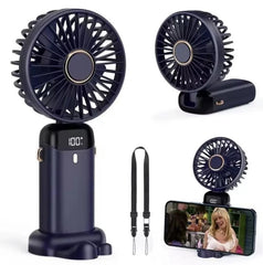 Portable Handheld USB Rechargeable Fan with 5 Speeds and LED Display for Home Office Bedroom Outdoor Travel - DarkBlue