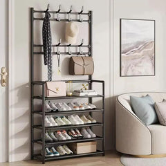 Coat and Hat Stand 8 Hooks Metal Storage Shoe Rack 5 Tiers Shelf Hanger Black