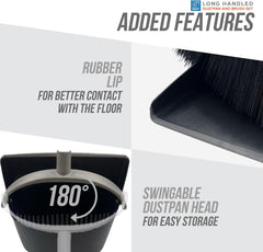 Black & Grey Long Handled Dustpan and Brush Set for Tall Lobby Cleaning - Reduce Bending Broom and Dustpan Set