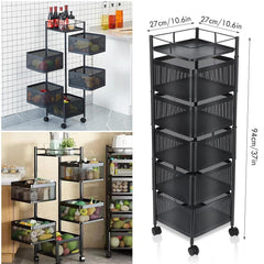 6 Tier Kitchen Rotating Storage Trolley Cart Utility Vegetable Mobile Shelf Rack