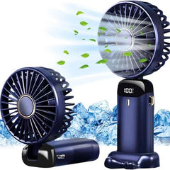 Portable Handheld USB Rechargeable Fan with 5 Speeds and LED Display for Home Office Bedroom Outdoor Travel - DarkBlue